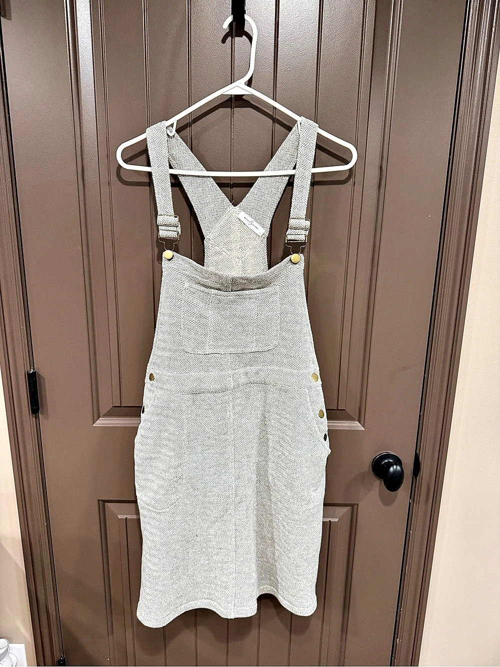 Bates Sisters Midi Overall Dress in Cream & Gray Size Large Like New